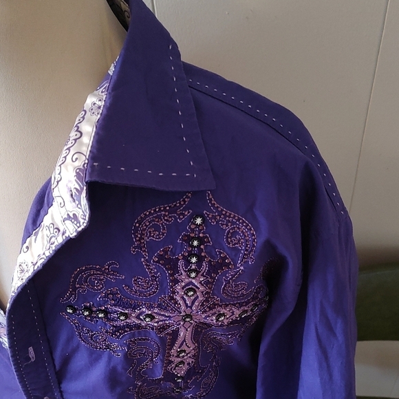 VICTORIOUS L.A. Purple Embroidered and Embelished Long Sleeve Shirt XL - Picture 3 of 16